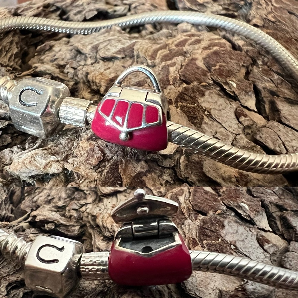 Authentic Chamilia Charm Berry Purse Pink Fuchsia Bag Bead Enamel Silver